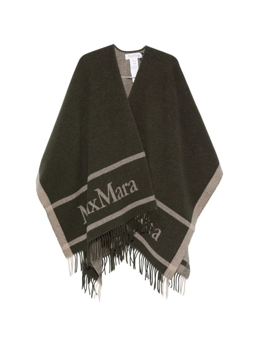 Max Mara Two-Tone Wool Poncho With Deep V-Neck And Fringed Hem