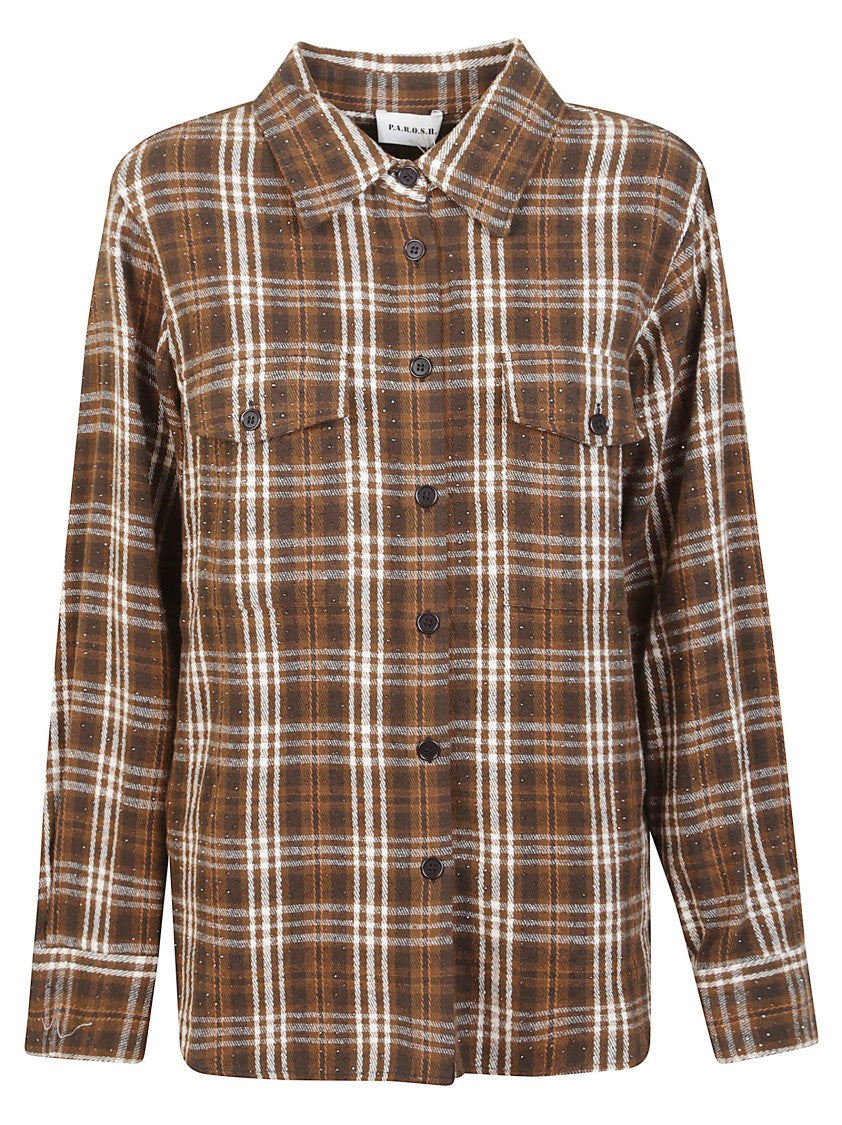P.A.R.O.S.H. Brown Check Cotton Shirt With Rhinestone Embellishments
