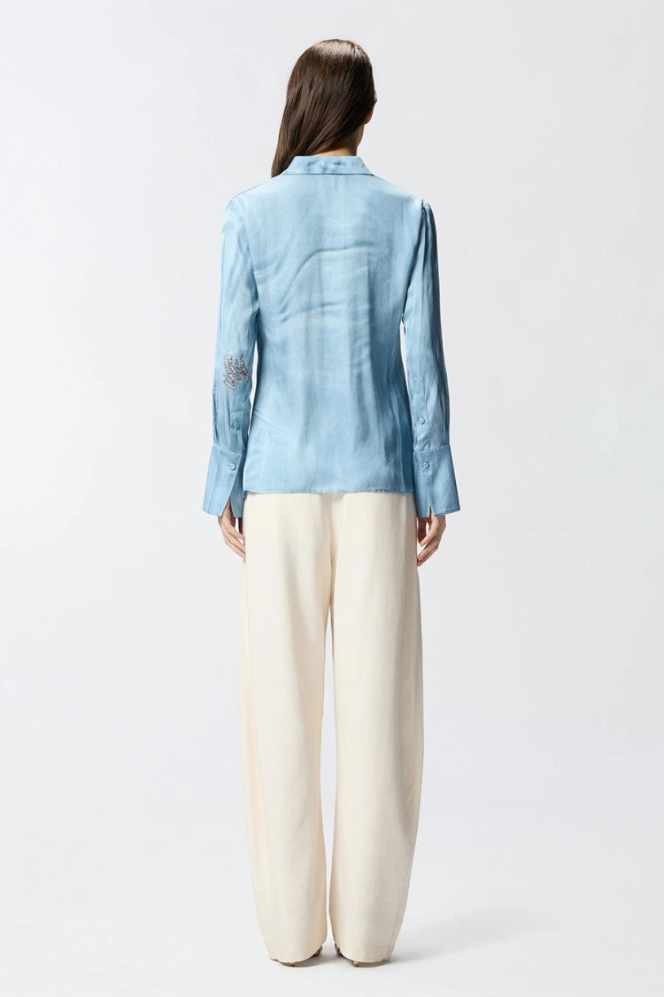 Pinko Blue Crystal Floral Embroidery Viscose Satin Shirt