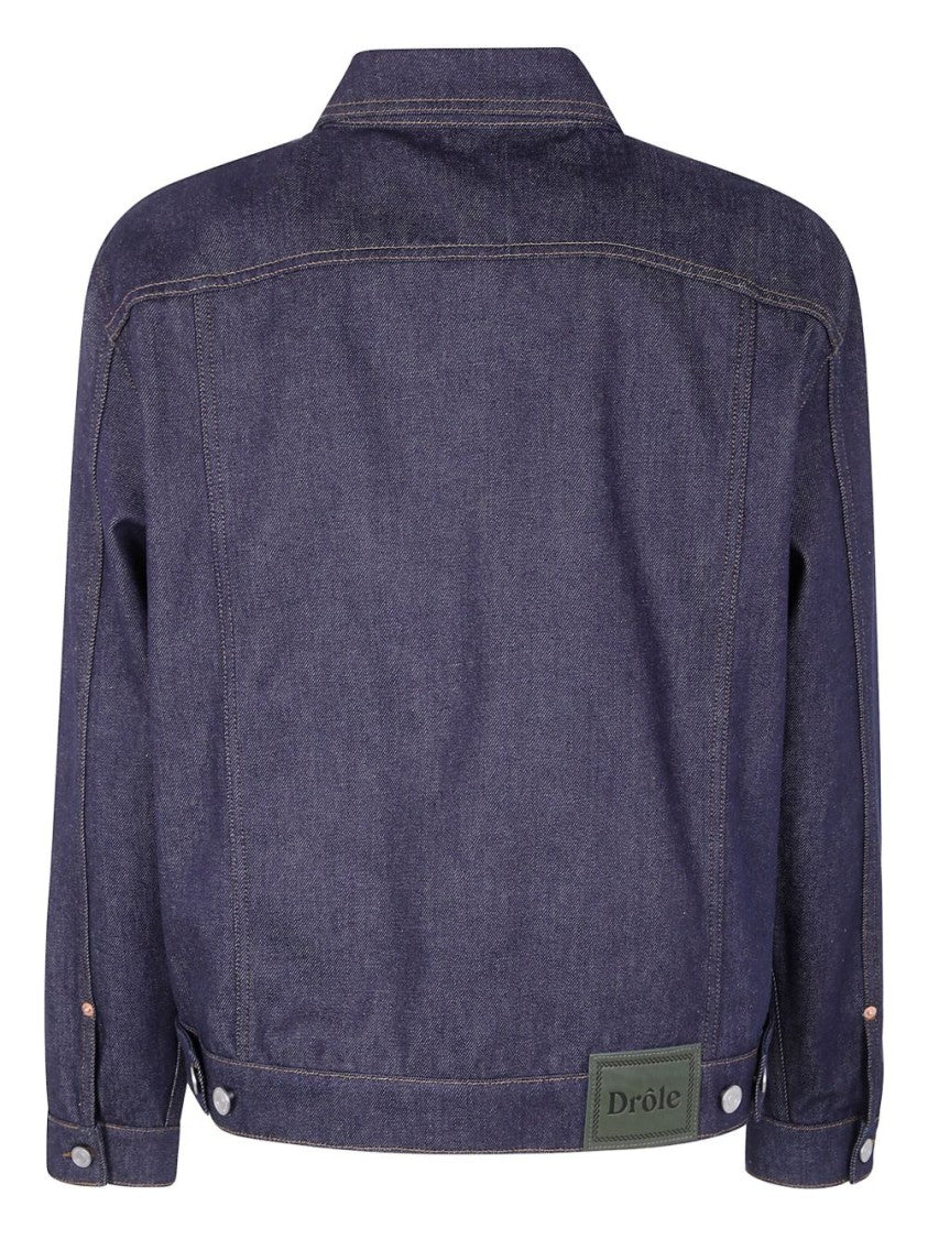 Drôle De Monsieur Navy Blue Denim Front Button Jacket With Chain Detail