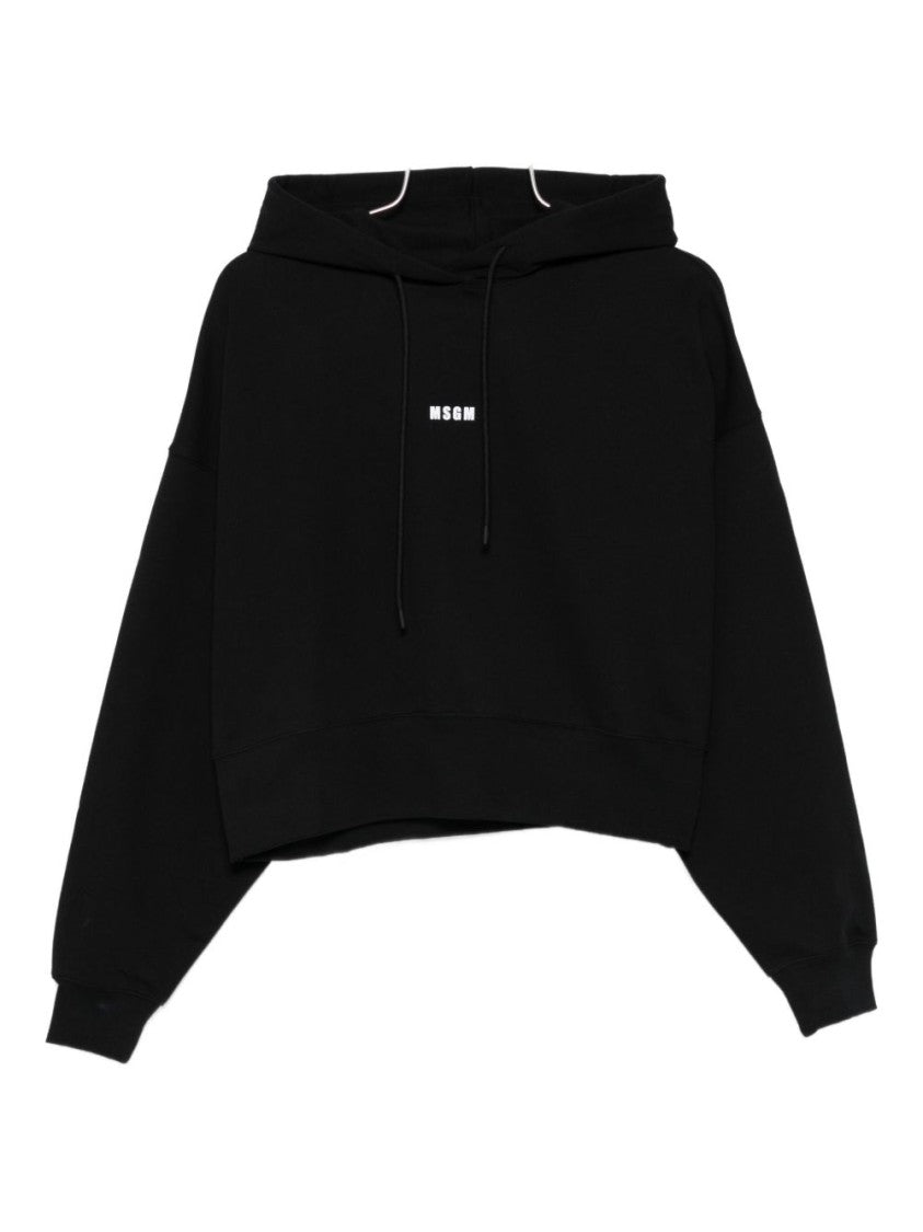 Msgm Cropped Black Sweatshirt With Drawstring Hood