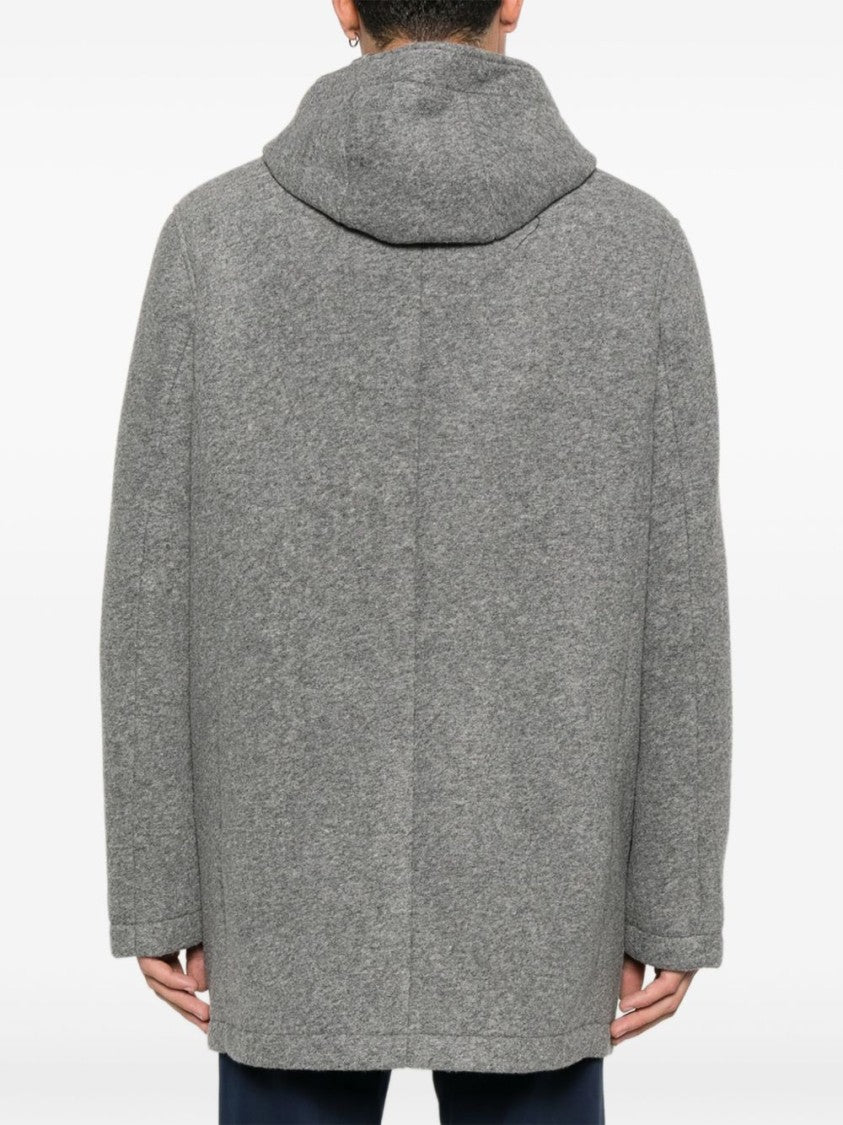 Manuel Ritz Hooded Grey Wool Coat With Flap Pockets And Concealed Closure