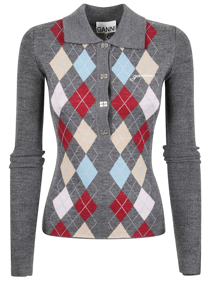 Ganni Diamond-Patterned Polo Shirt With Classic Collar
