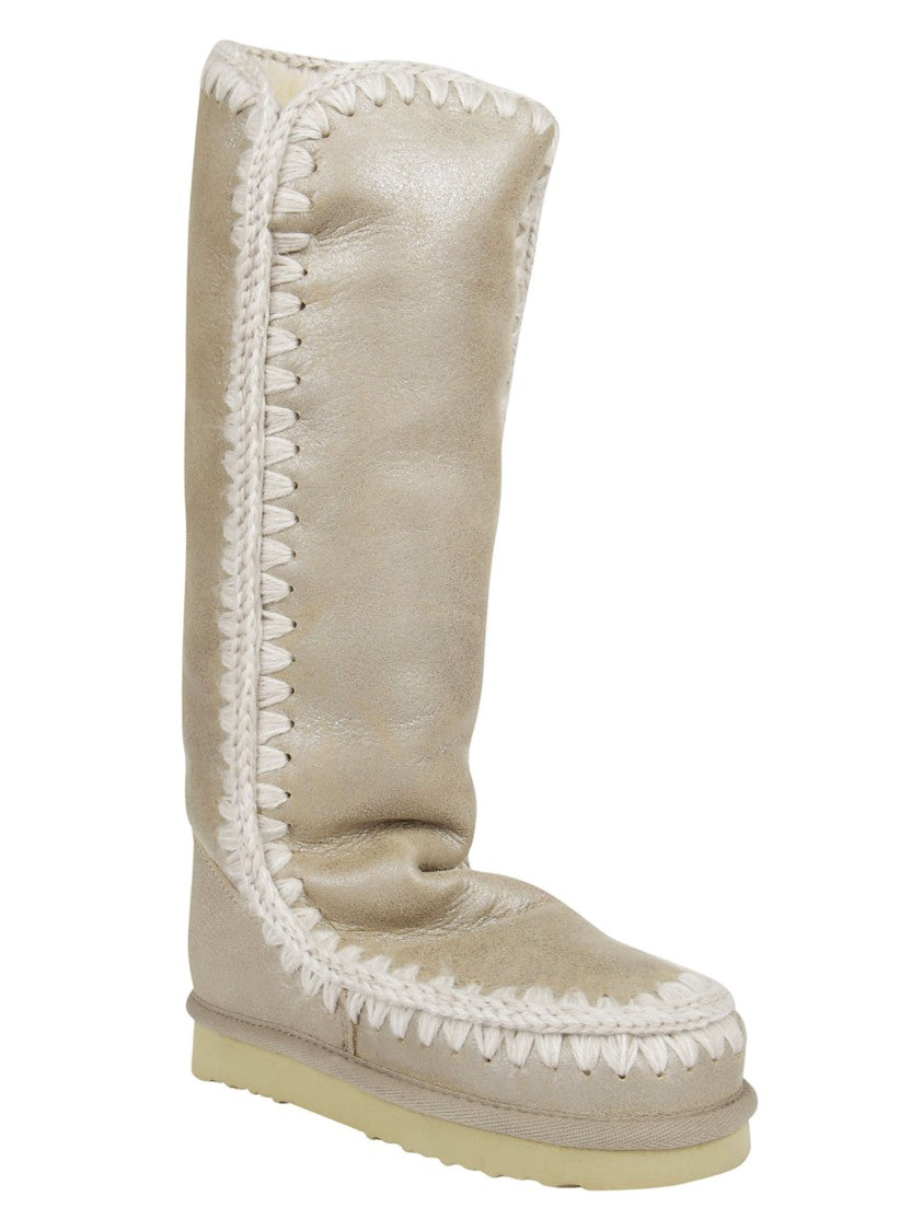 Mou Stone Metallic Crochet Wool Stitching Sheepskin Tall Boots