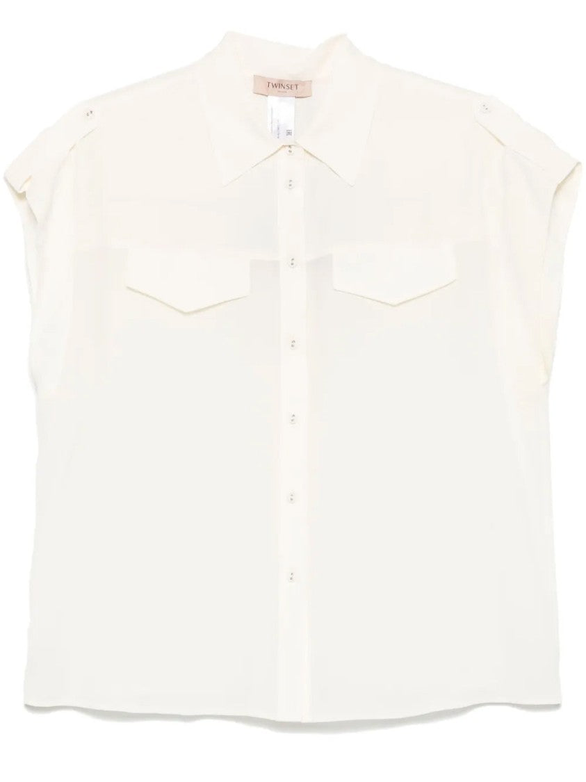 Twin-Set Short Sleeve Crepe Shirt With Button-Down Front