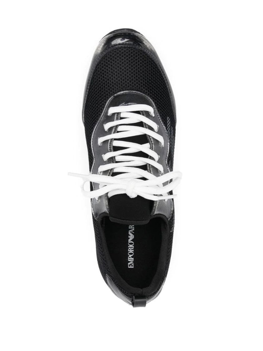 Emporio Armani Sleek Black Mesh Trainers With Glossy Overlays