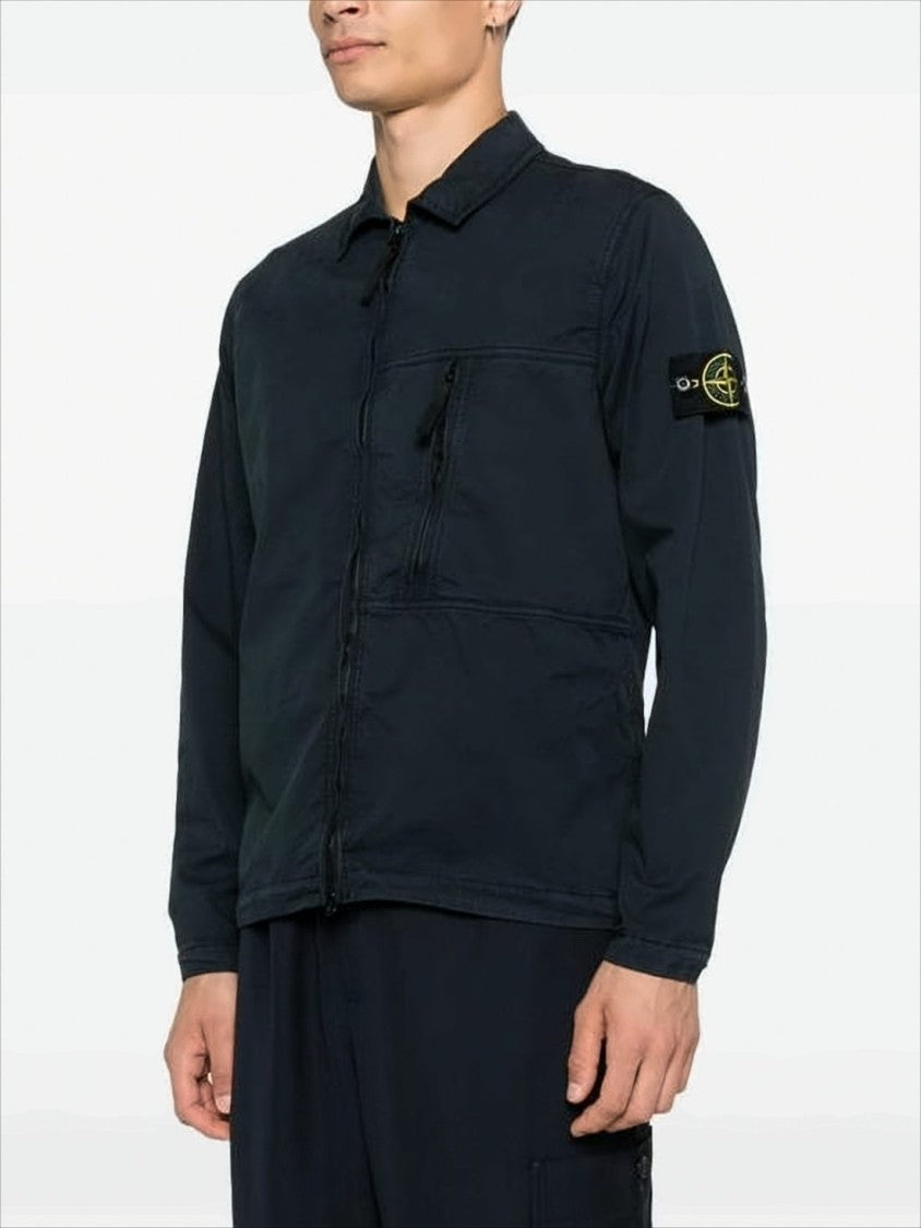 Stone Island Long-Sleeve Black Casual Shirt With Zip Pocket And Patch Logo