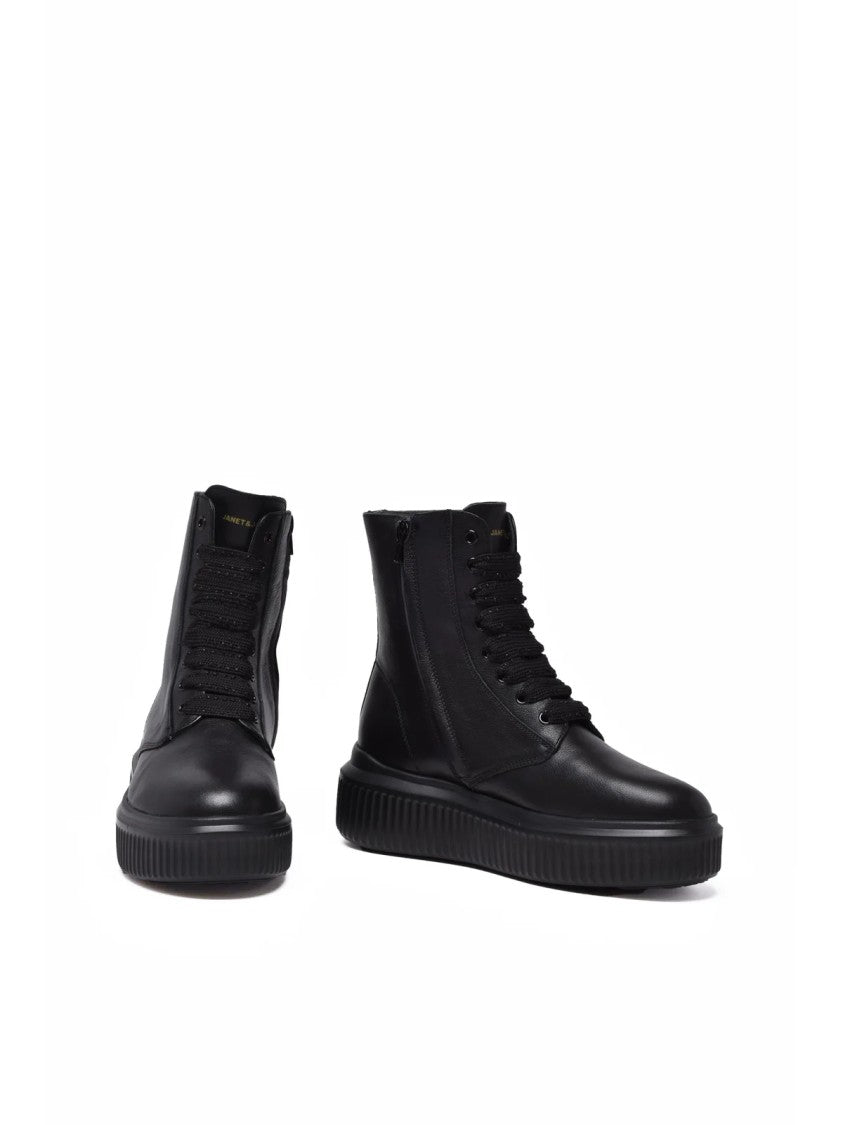 Janet & Janet Black Leather Lace-Up Combat Boots