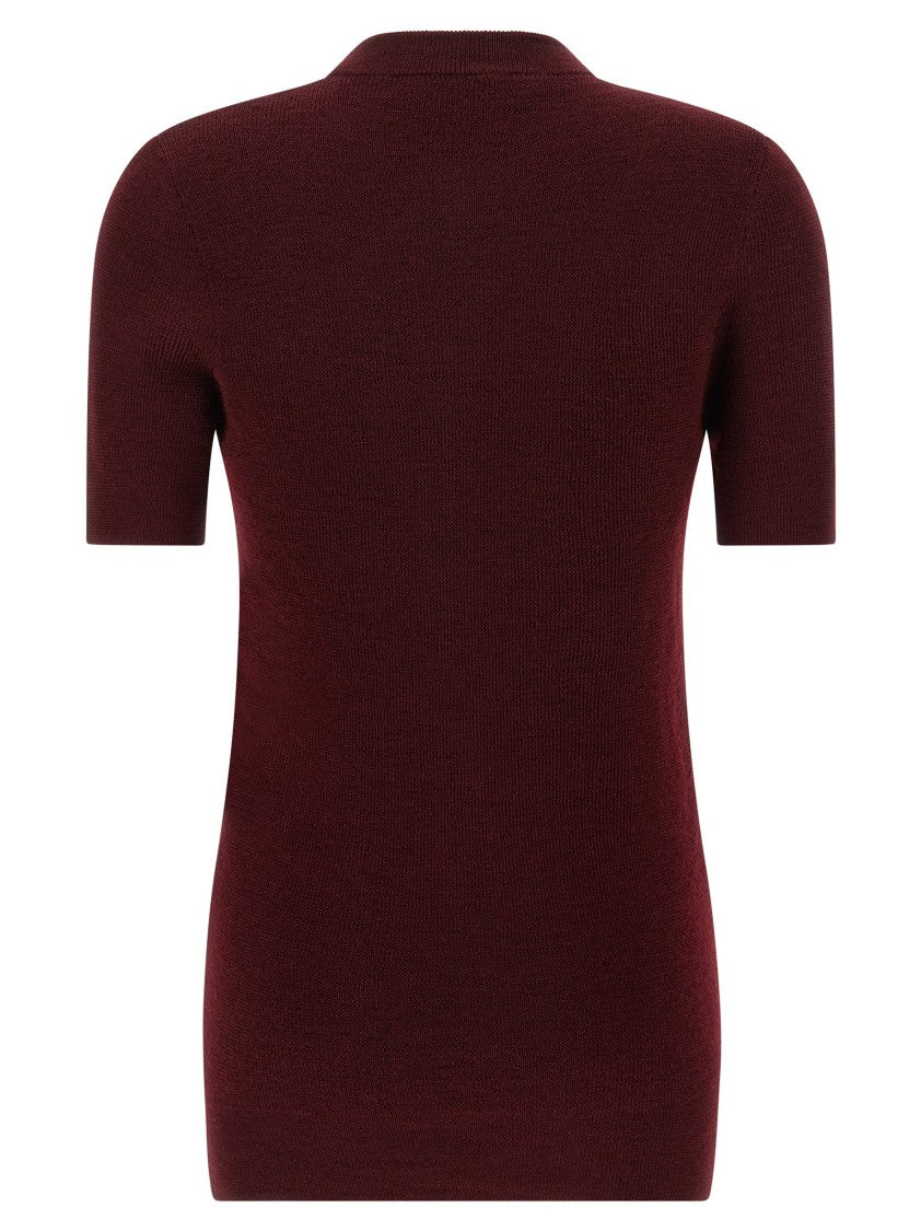 Prada Burgundy Virgin Wool Sweater With Distressed Front And Metal Charms