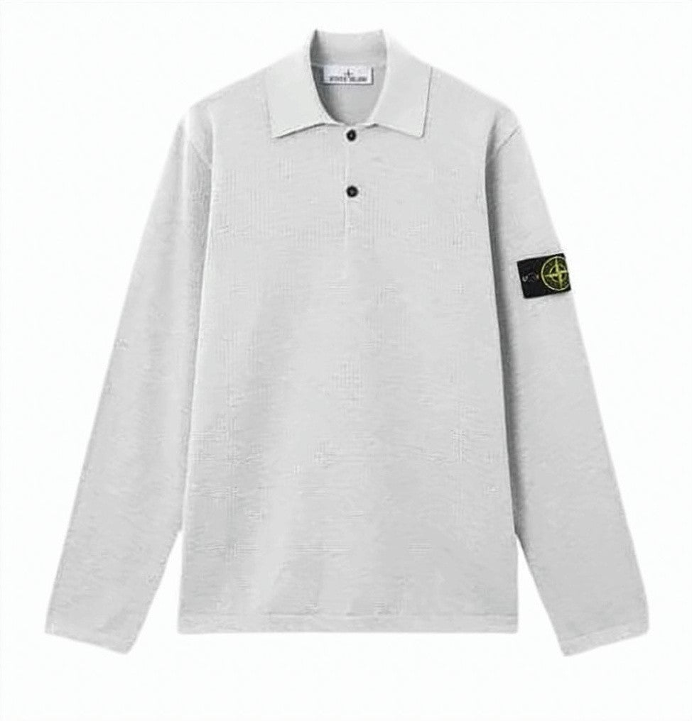 Stone Island Textured Knit Long-Sleeve Polo Shirt With Distinctive Logo