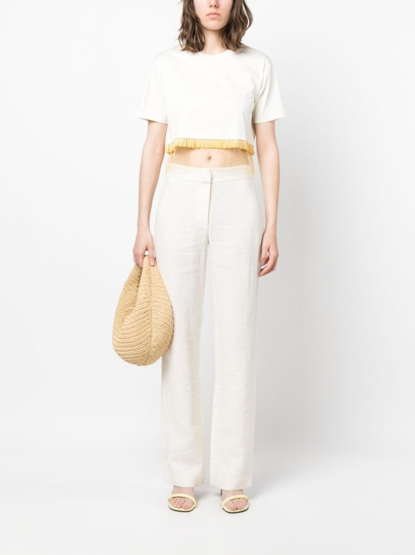 Lanvin Fringed Cropped T-Shirt With Tulle Inserts