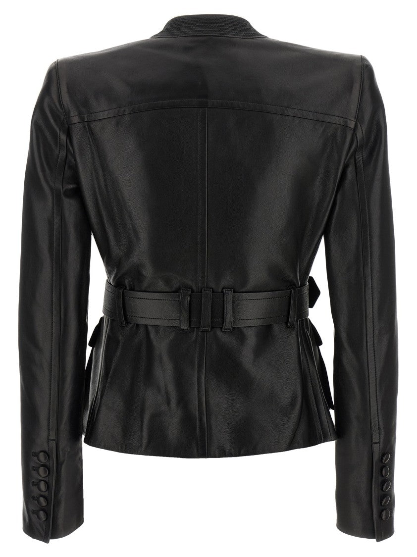 Balmain Flared Black Lamb Leather Jacket