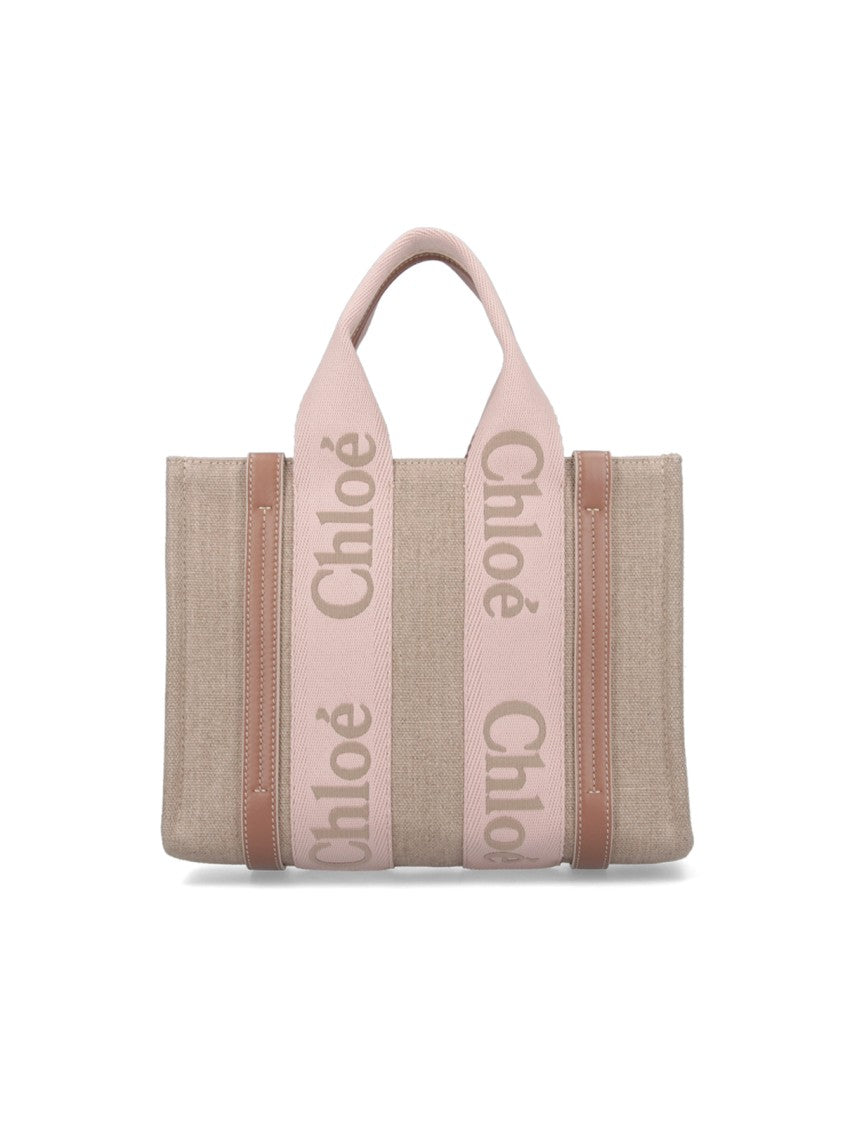 Chloé Beige Linen Tote With Calfskin Accents And Logo Detail