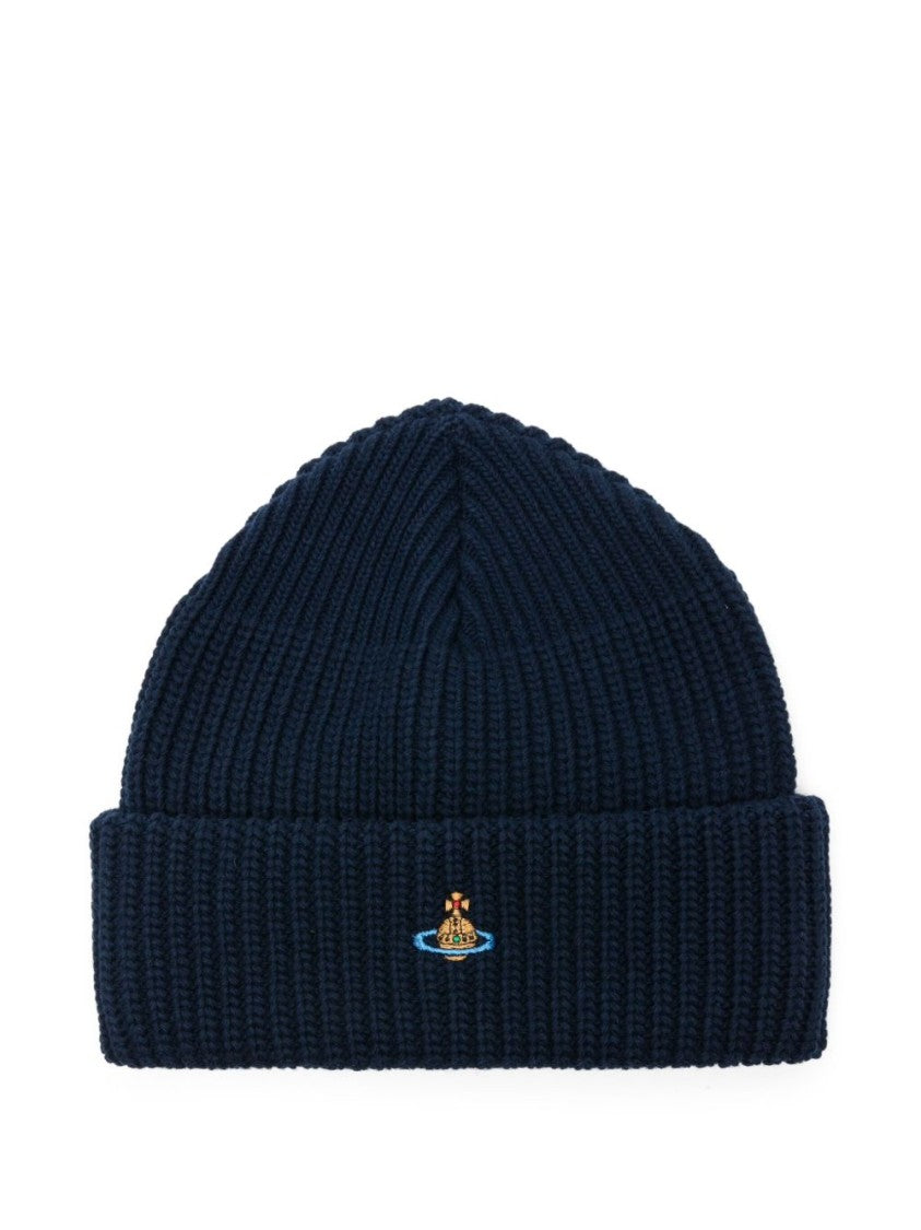 Vivienne Westwood Navy Blue Ribbed Knit Beanie With Orb Emblem