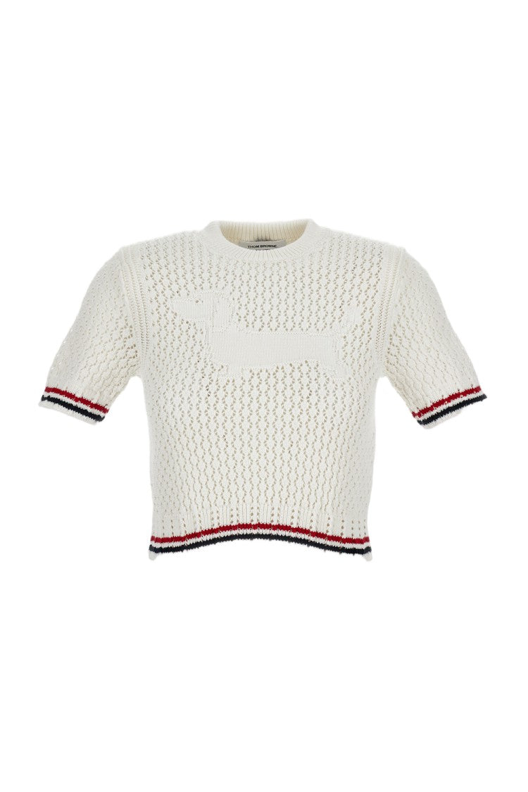Thom Browne Cropped Cotton Crochet T-Shirt With Dog Motif