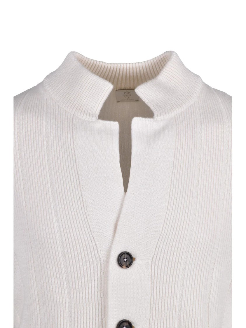 Eleventy White Ribbed Notched Collar Cashmere Cardigan