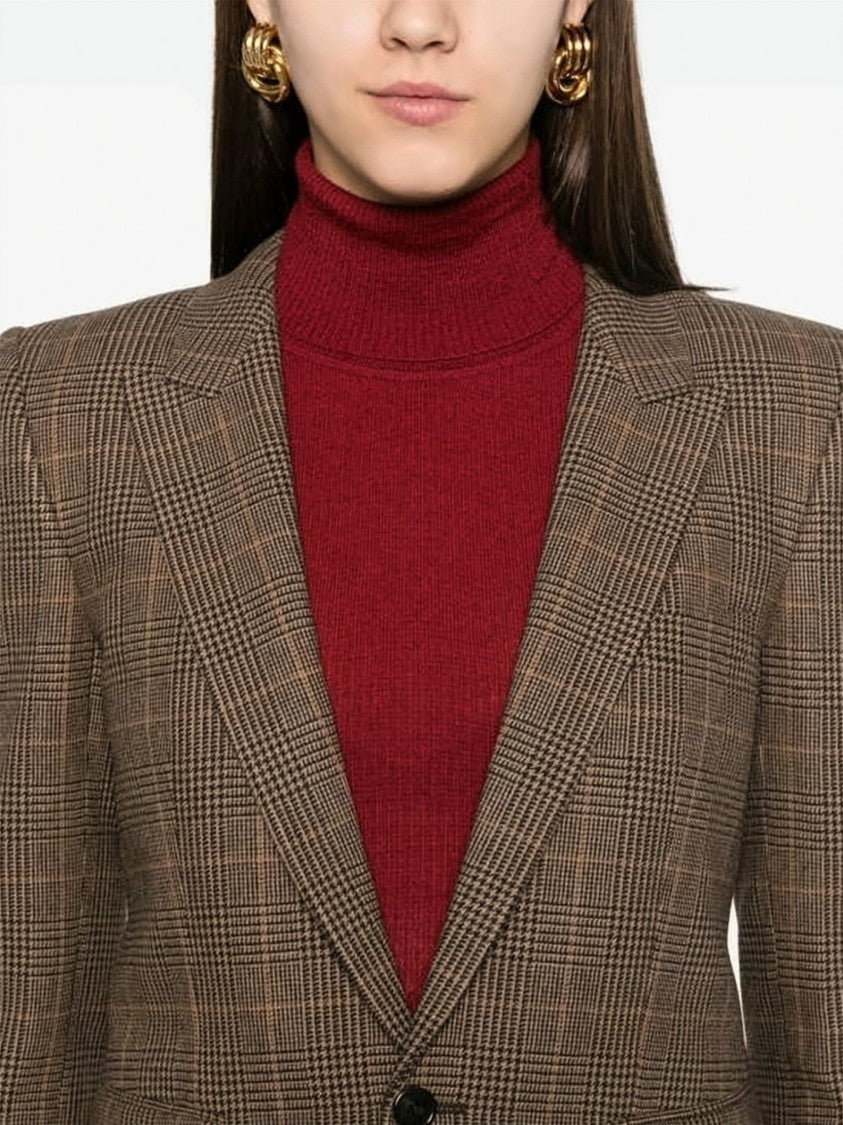 Saint Laurent Brown Check Wool-Cashmere Blazer With Notched Lapels