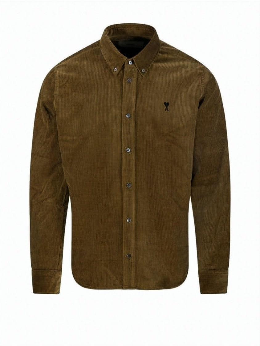 Ami Corduroy Button-Down Shirt With Embroidered Logo