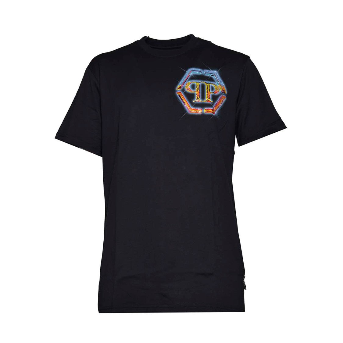 Philipp Plein Black Cotton Hexagon T-Shirt With Crystal Logo