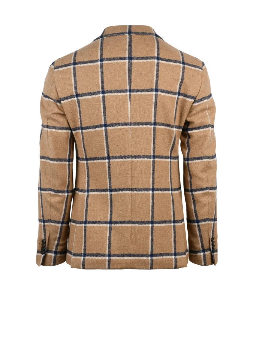 L.B.M. 1911 Beige And Blue Checked Fitted Jacket With Classic Lapel