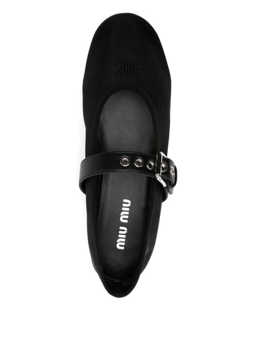 Miu Miu Black Mesh Fabric Embroidered Logo Ballerinas