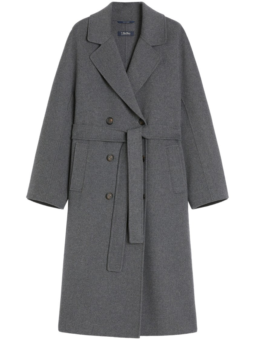 Max Mara Double-Breasted Grey Coat With Belted Waist And Oversized Sleeves