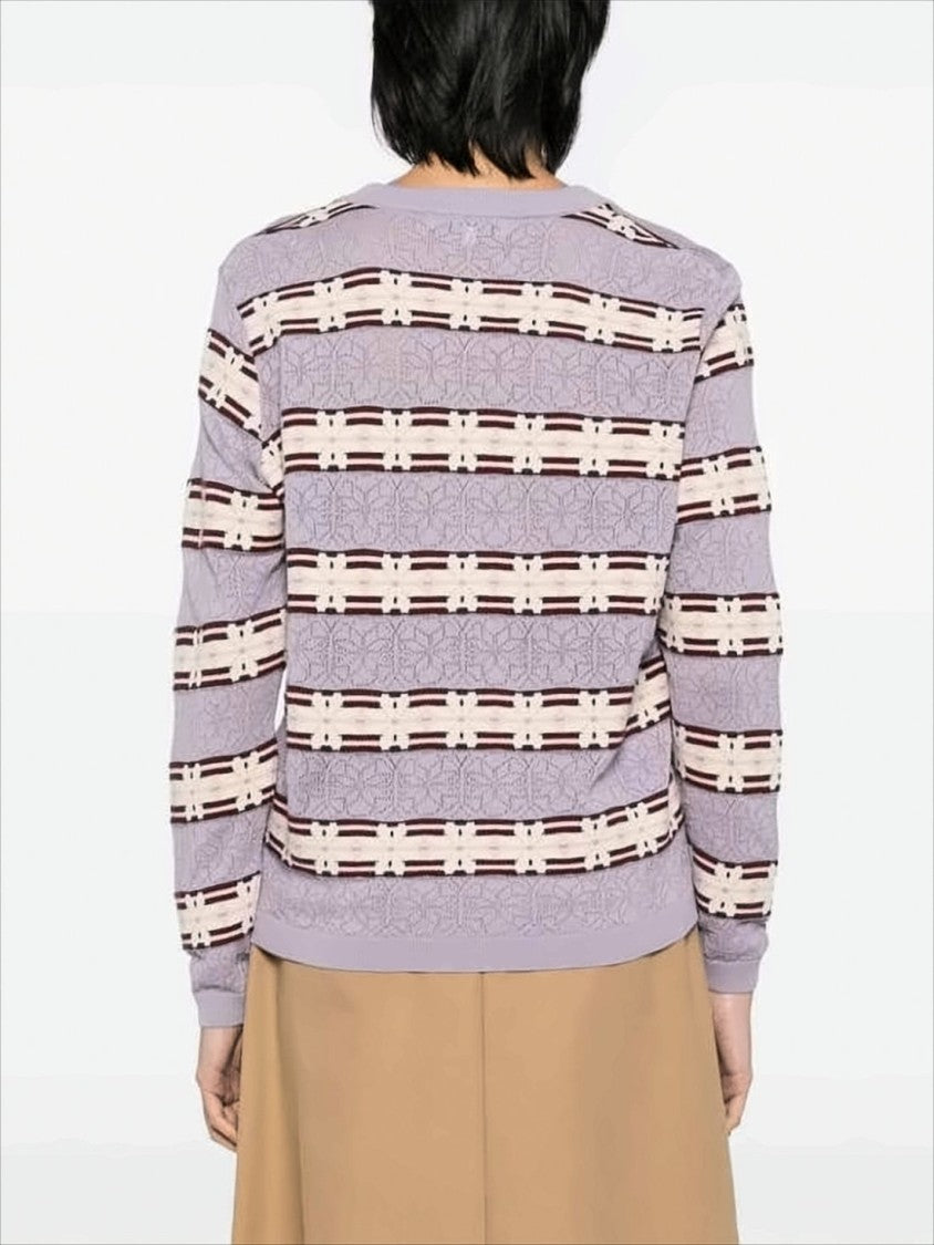 Maison Kitsuné Lilac Striped Textured Knit Cardigan With V-Neckline