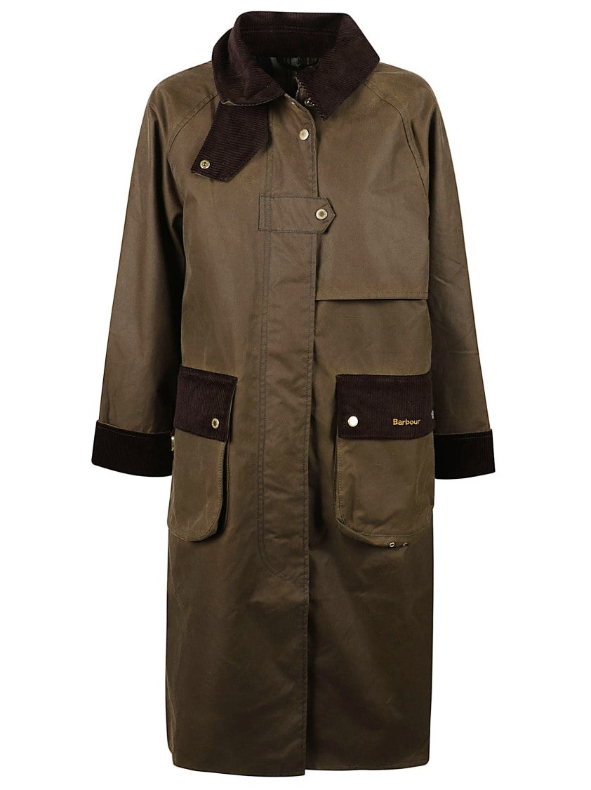 Barbour Mid-Length Waxed Jacket With Corduroy Collar And Flap Pockets