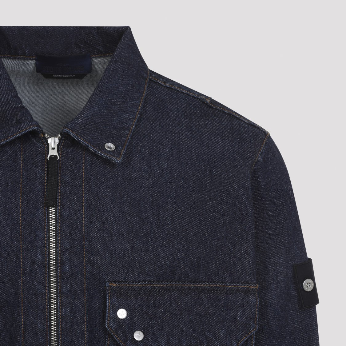 Stone Island Dark Blue Denim Jacket With Flap Pocket And Branded Patch