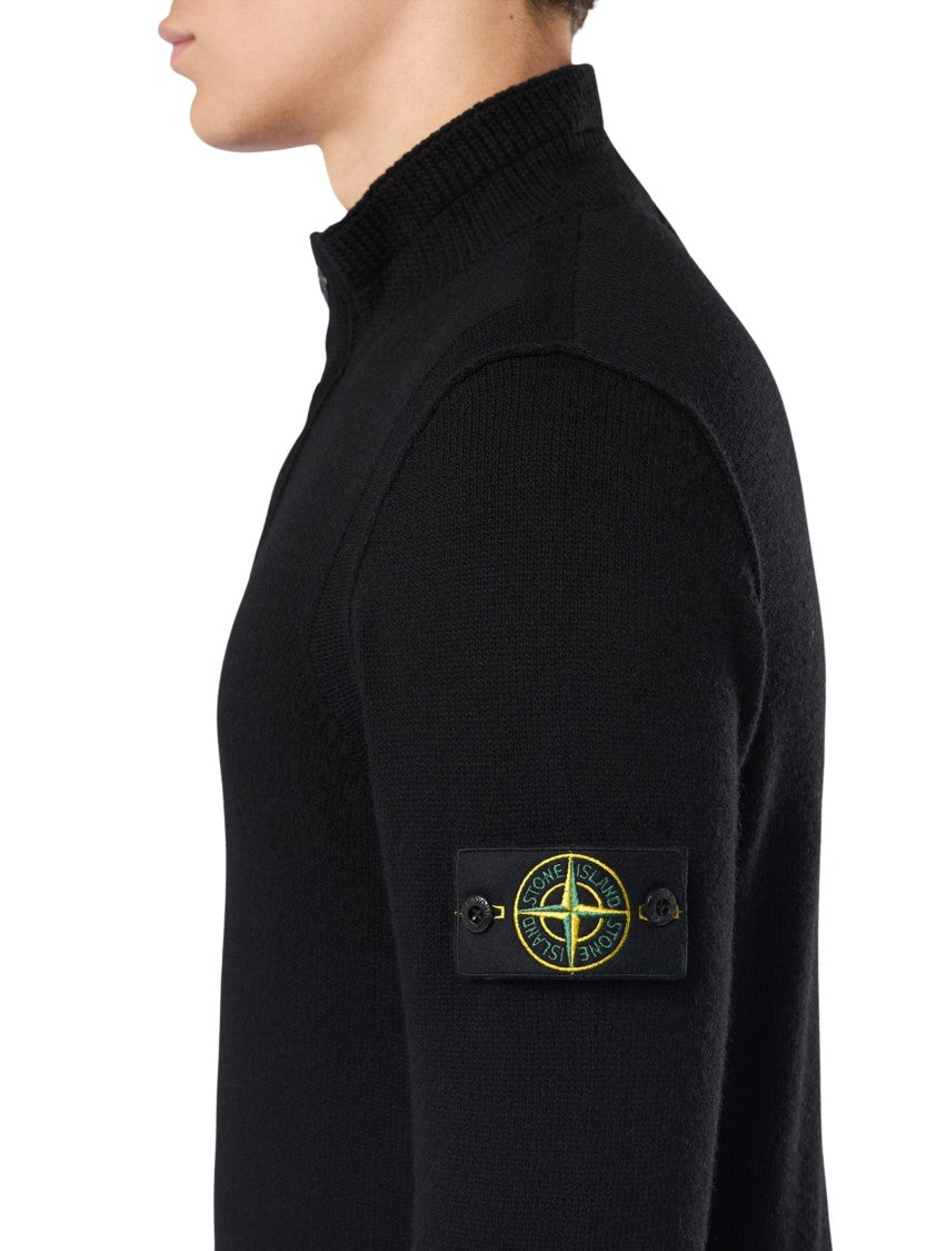 Stone Island Black Knitted Sweater With Mock Neck And Signature Sleeve Badge