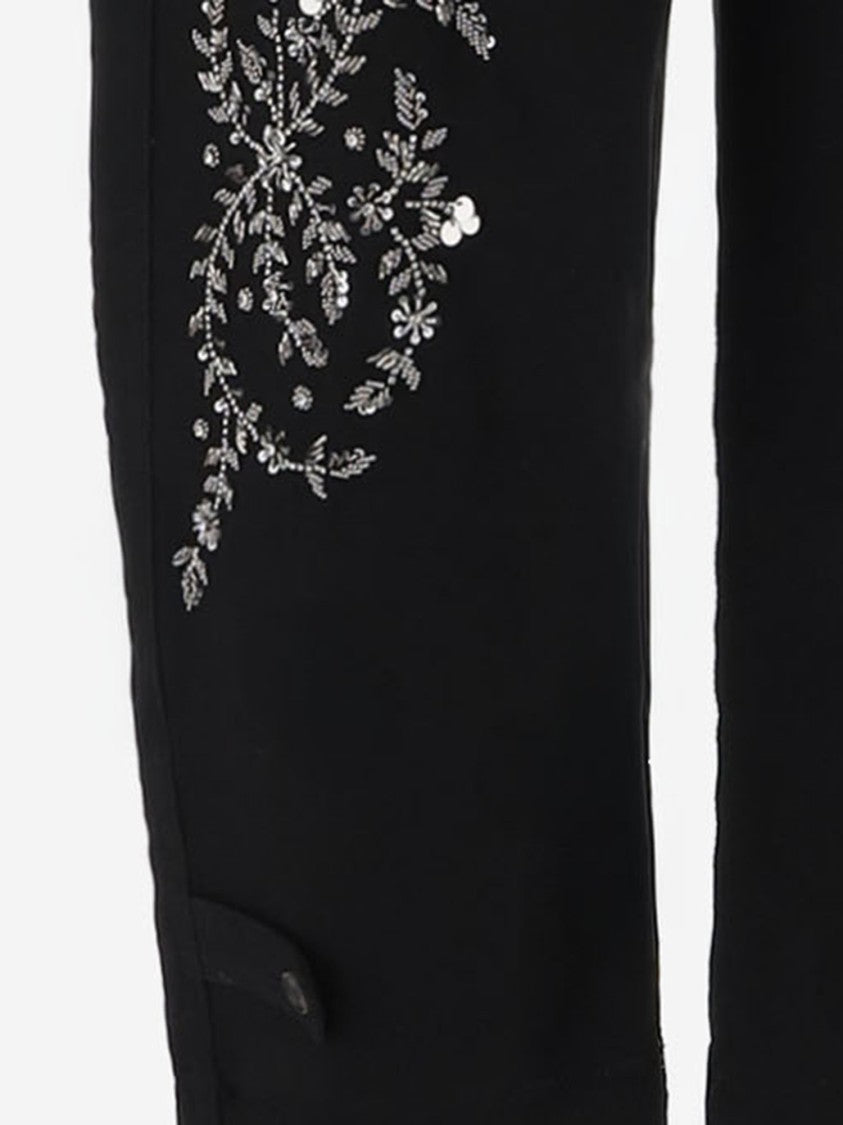 Novelle Black Floral Embroidered Tailored Cotton Straight-Leg Pants