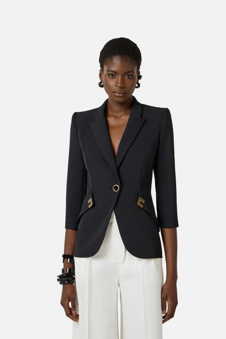 Elisabetta Franchi Black Single-Breasted Gold Ring-Button Polyester-Blend Blazer