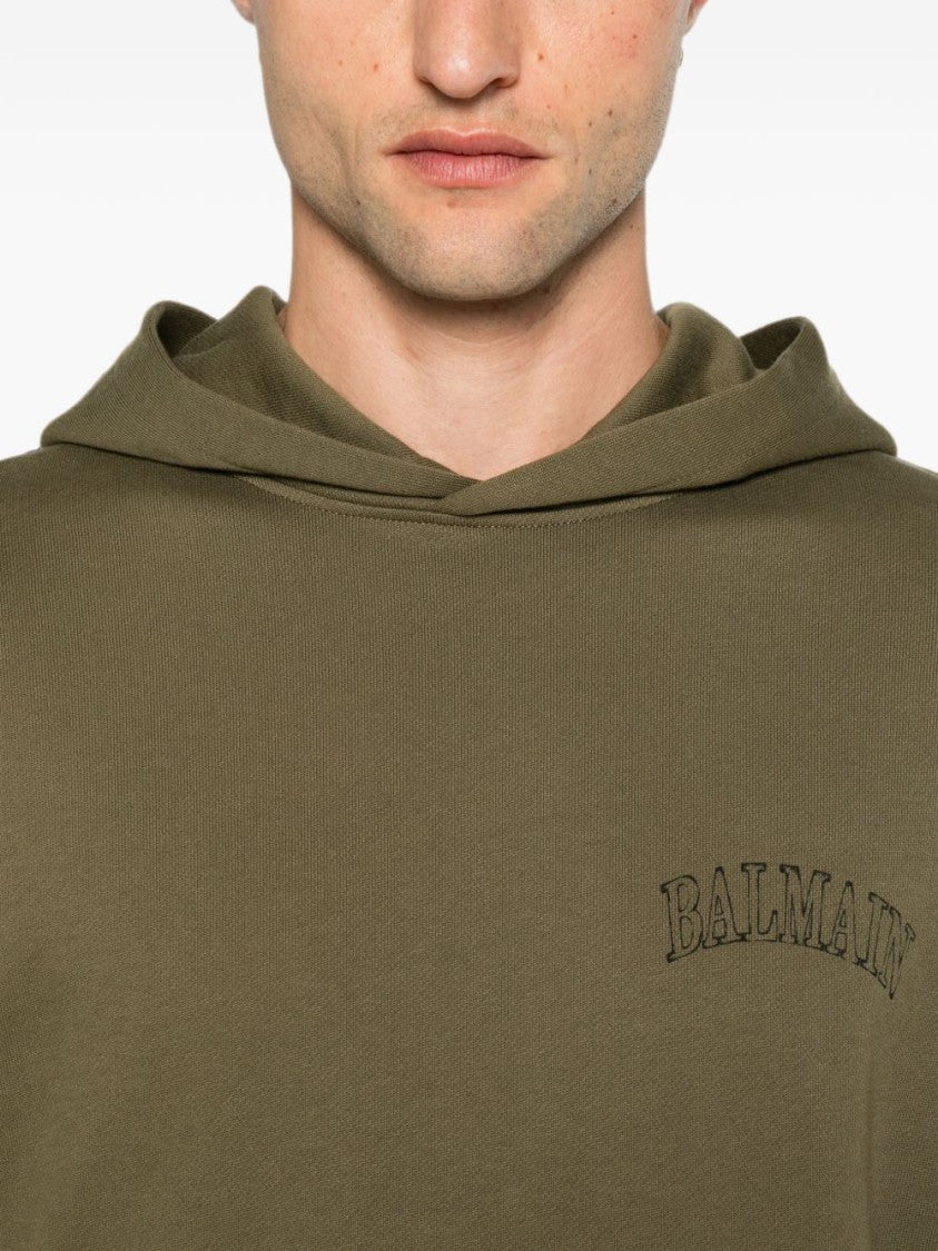 Balmain Khaki Green Cotton Jersey Hoodie With Floral Logo Print