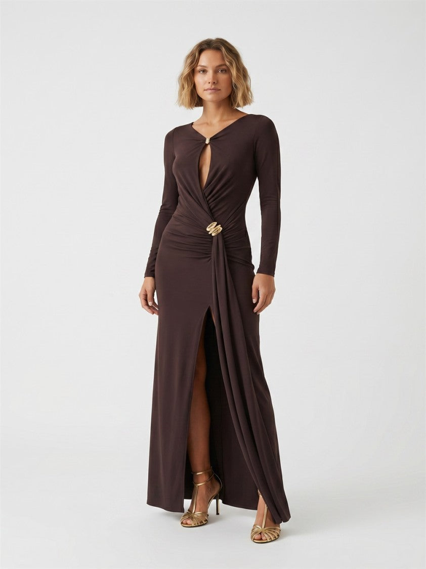 Elisabetta Franchi Brown Long V-Neck Side-Jewel Viscose Evening Dress