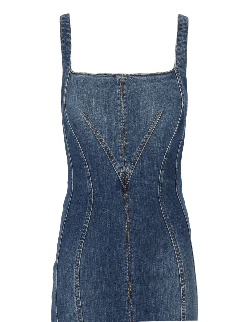 Elisabetta Franchi Denim Fitted Square Neck Day Dress