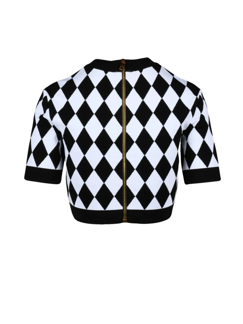 Balmain Diamond Checkered Cropped Top With Gold Button Detail