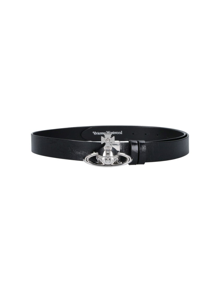 Vivienne Westwood Black Calf Leather Belt With Iconic Orb Buckle