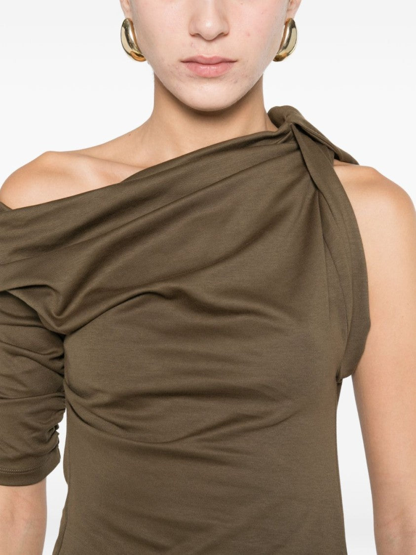 Jacquemus Green Gathered Asymmetric Short Sleeve Dress
