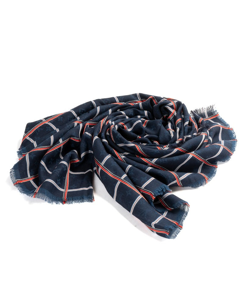 Louis Vuitton Monogram Check Pattern Silk-Wool Scarf In Deep Blue