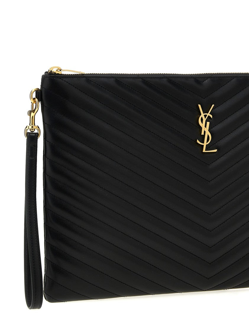 Saint Laurent Chevron Quilted Leather Clutch With Metal Logo Detail