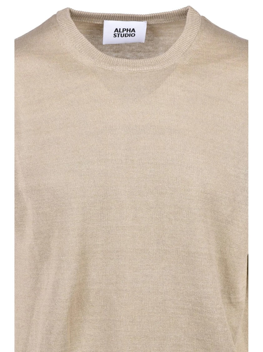 Alpha Studio Beige Men Hemp Brushed Pullover Top