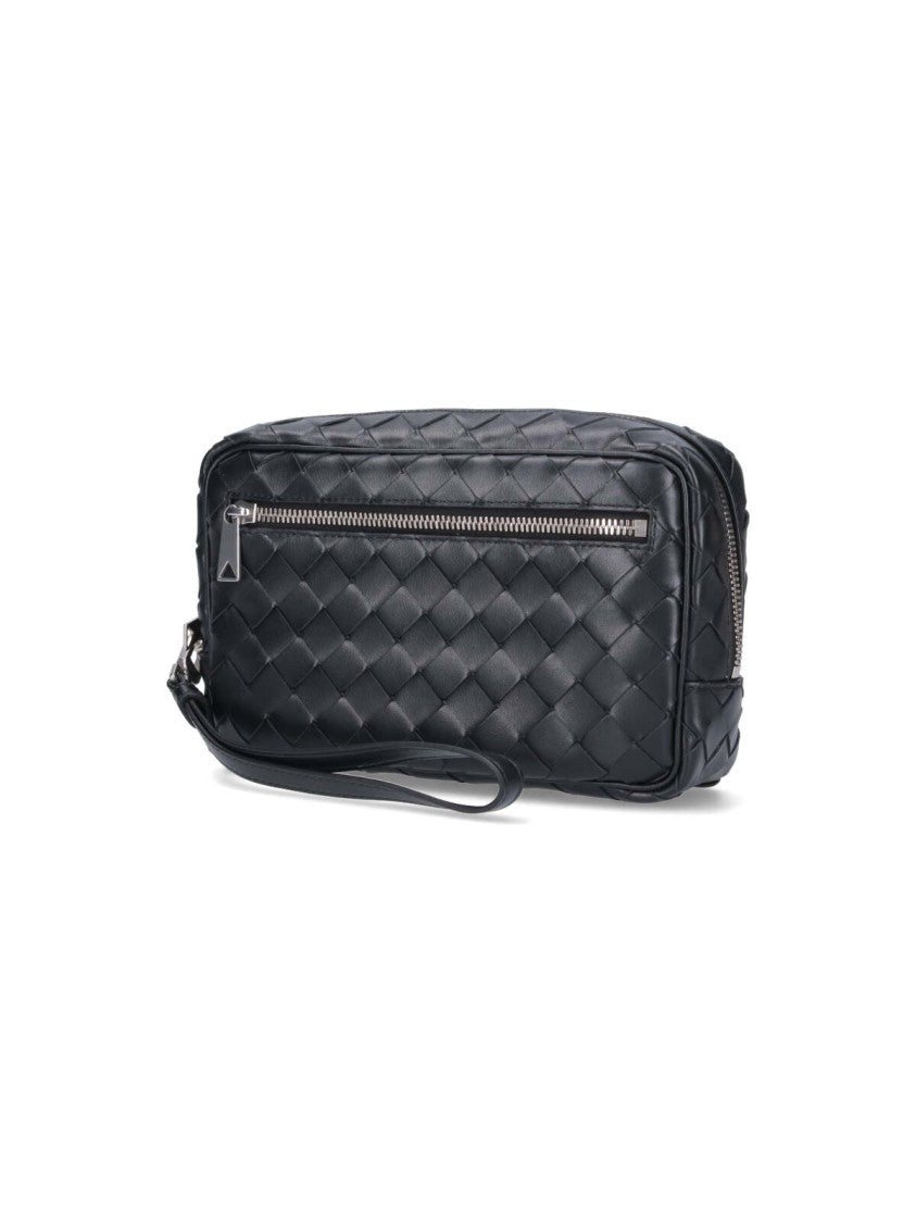 Bottega Veneta Compact Woven Black Leather Intrecciato Pouch
