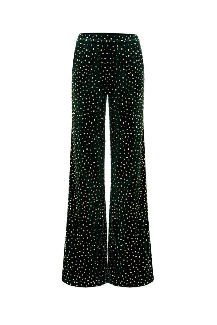 Saiid Kobeisy Green Gold Beaded Sequin Velvet Formal Pants