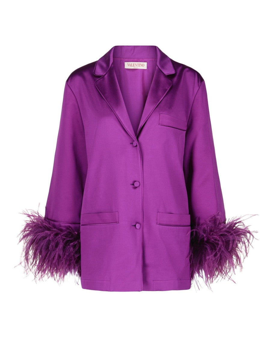 Valentino Feather-Trimmed Silk Satin Shirt