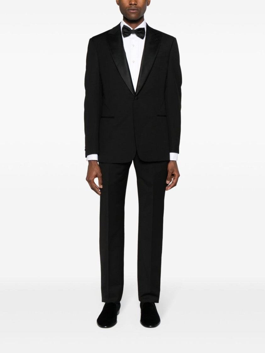 Giorgio Armani Black Satin Peak Lapel Wool Suit