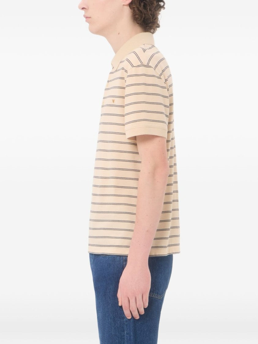 Valentino Garavani Beige Cotton Pique Navy Stripe Polo Shirt