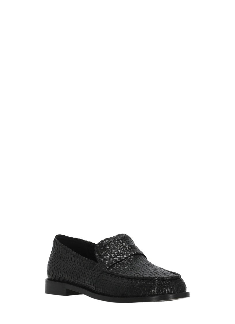 Poeve Black Woven Pattern Leather Loafers