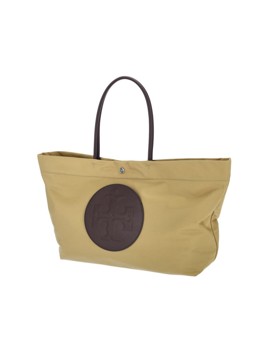 Tory Burch Ella Twist Beige Fabric Tote Bag With Contrast Patch
