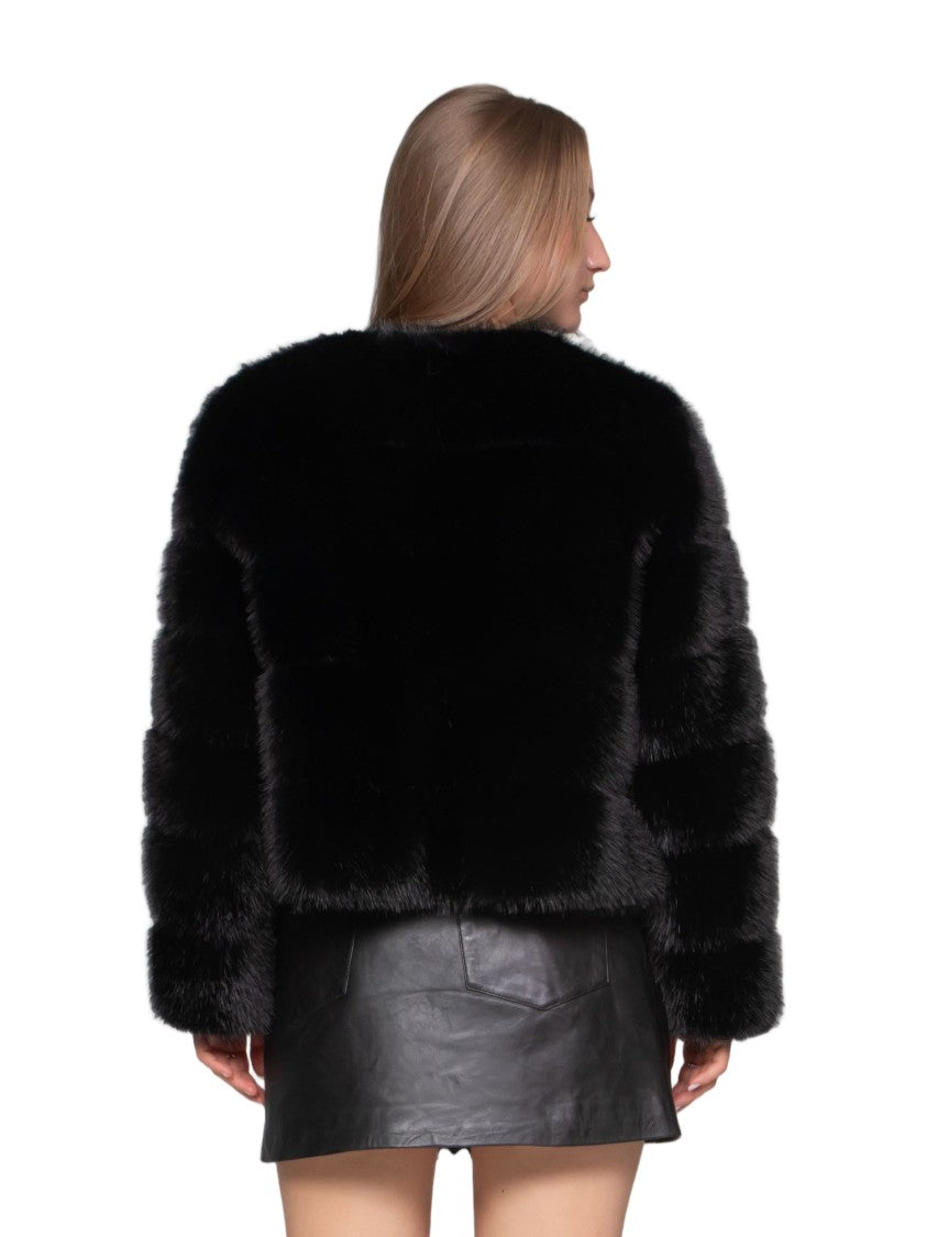 Diego M Black Cropped Faux Fur Bomber Jacket