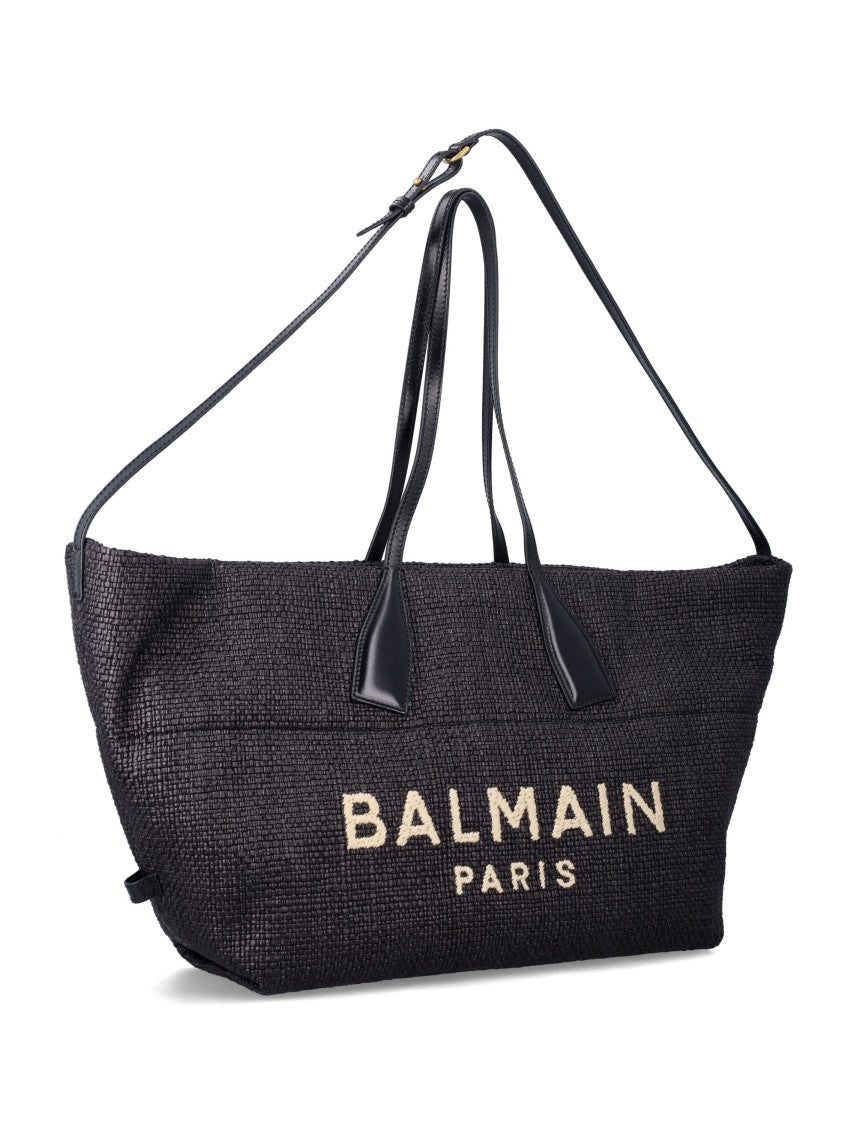 Balmain Track Medium Raffia Leather Tote